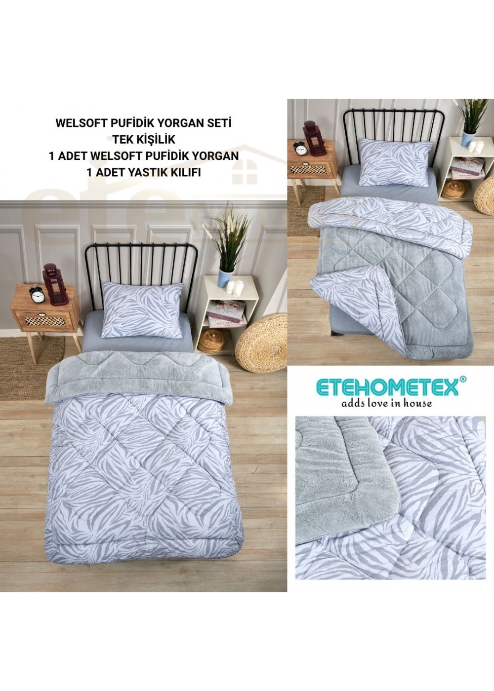ETE HOMETEX TEK KİŞİLİK LÜX WELSOFT YORGAN SETİ ZEBRA GRİ 155X215CM 8696474231935